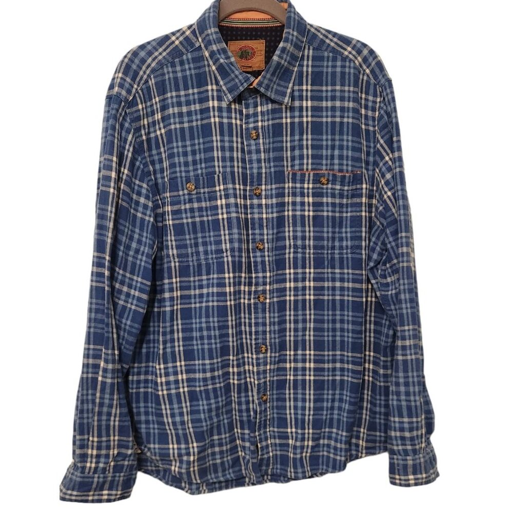 Boston Traders Flannel Shirt Blue White Plaid Flip Cuffs Long Sleeve Mens XL‎